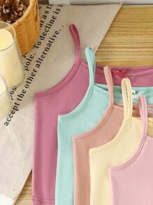 SHEIN 5pcs Young Girl White Milk Silk Fabric Simple Spaghetti Strap Casual Comfortable Tank Tops With Bow Design, Suitable For Layering - Multicolor - View 5