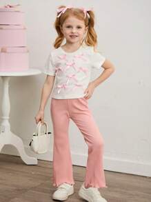 SHEIN 2pcs Set Young Girls Solid Color Crew Neck Fitted Tshirt Top And Flared Fitted Pants - Multicolor - View 7