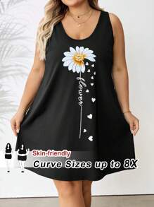 SHEIN CURVE+ Vestido sin mangas talla grande para mujer con estampado minimalista de corazón y margarita, apto para verano y estilo bohemio de vacaciones - Negro - Ver 1