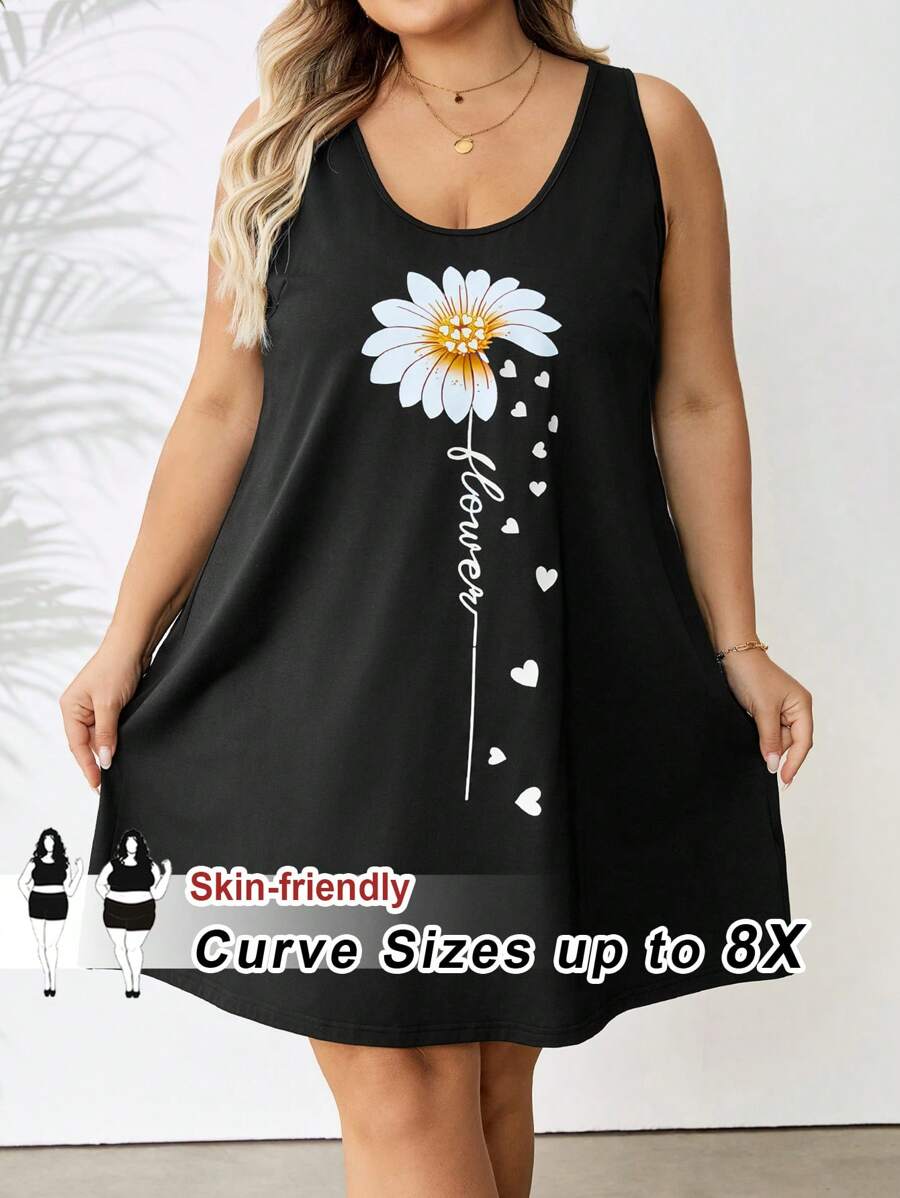 SHEIN CURVE+ Vestido sin mangas talla grande para mujer con estampado minimalista de corazón y margarita, apto para verano y estilo bohemio de vacaciones - Negro - Ver 1
