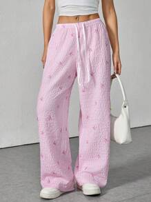 SHEIN PETITE Pantalones elegantes de talle bajo, cómodos y sensuales, con estampado versátil de rayas y lazo - Rosa - Ver 1