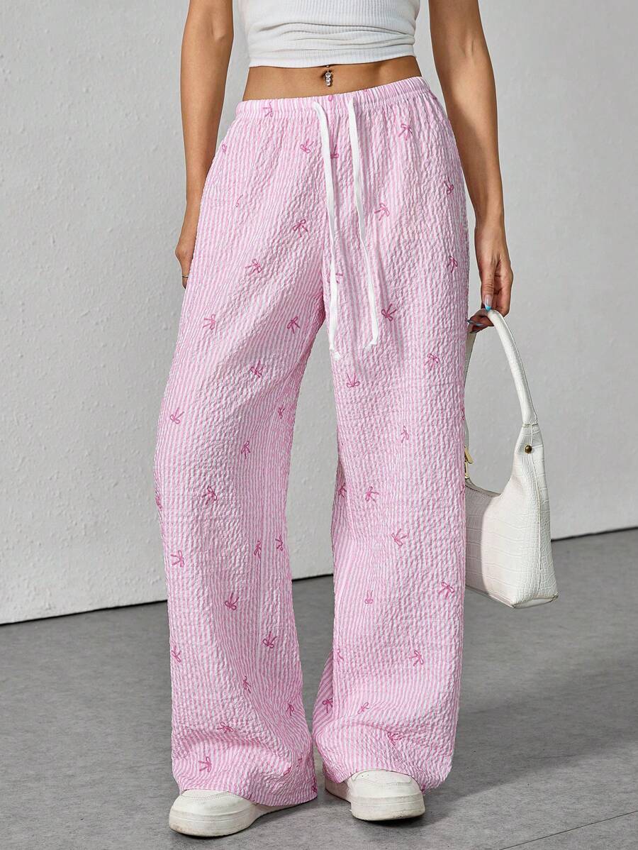 SHEIN PETITE Pantalones elegantes de talle bajo, cómodos y sensuales, con estampado versátil de rayas y lazo - Rosa - Ver 1