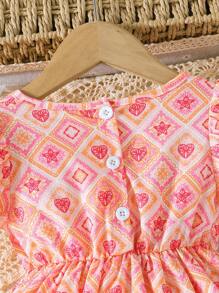 SHEIN Baby Girl Summer Cute Lantern Sleeve Round Neck Bowknot Retro Print Casual Comfortable Outdoor Dress