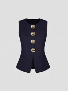 Sweetra Blazer minimalista básico sin mangas con botones grandes de metal para mujer