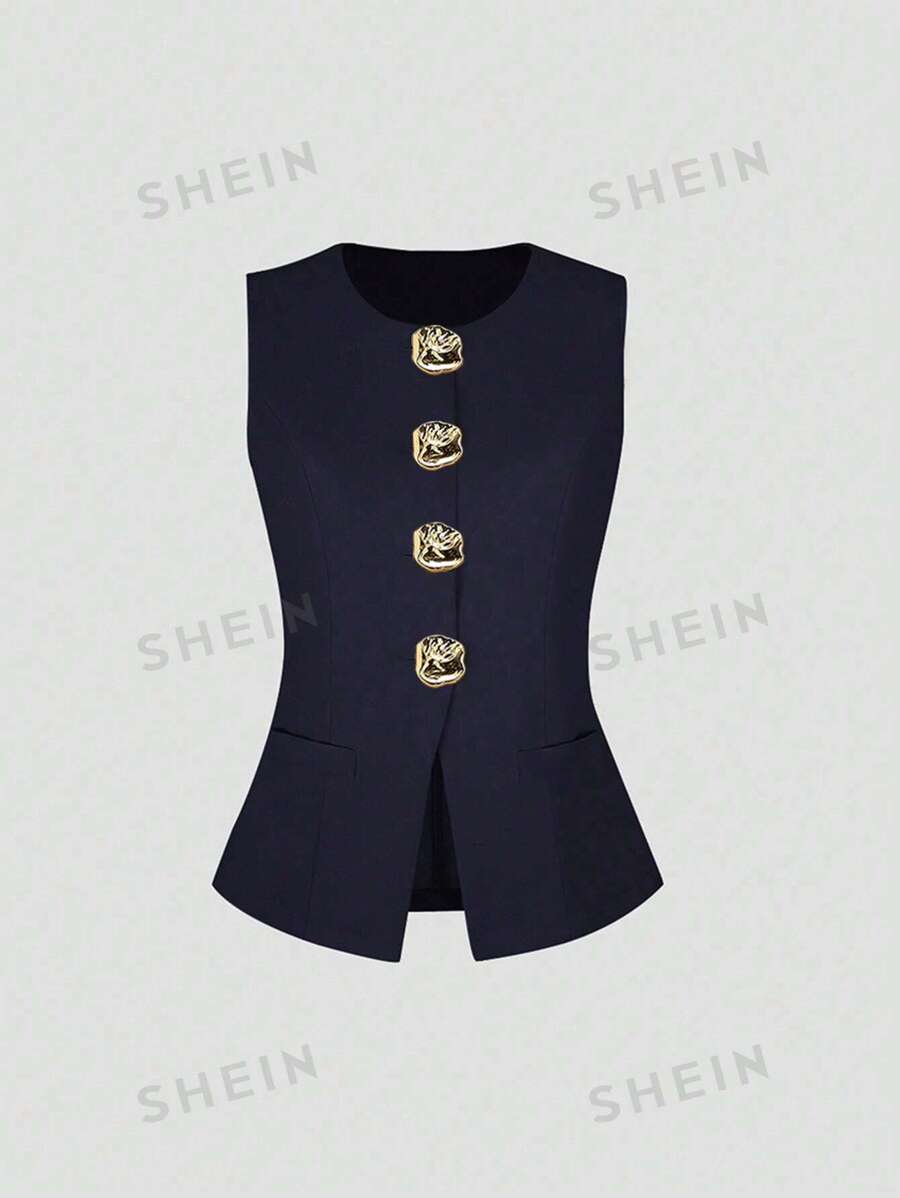 Sweetra Blazer minimalista básico sin mangas con botones grandes de metal para mujer