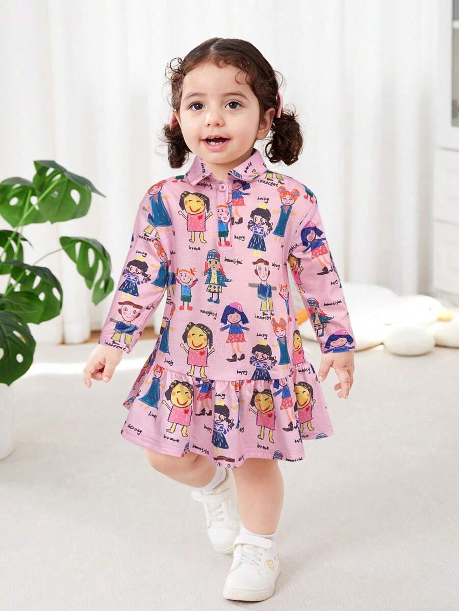 SHEIN Babygirl Knit Cute Polo Collar Form-Fitting Casual Dress - Pink - View 1
