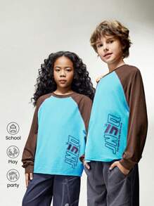 JNSQ Nouveaux sweats à capuche décontractés à manches longues pour enfants, pulls blocs de couleurs à col rond avec imprimé graphique de lettres pour enfants