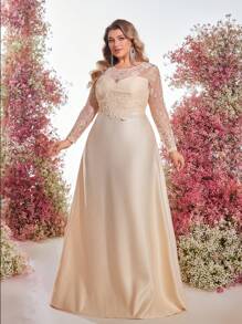 SHEIN Belle Vestido elegante de dama de honor con apliques de encaje en color dorado champán, tallas grandes - Champán - Ver 5
