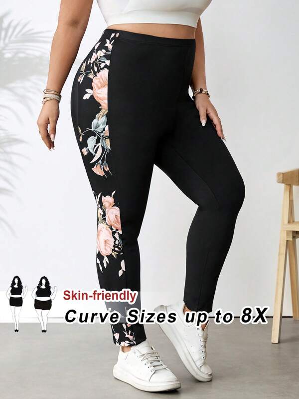 SHEIN CURVE+ Jambiere cu mochiuri imprimate pentru femei de mărime plus, pantaloni strânși