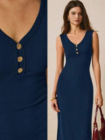 Poéselle Women's Sleeveless Metal Button Decorated Elegant Dress,Business Casual Woman