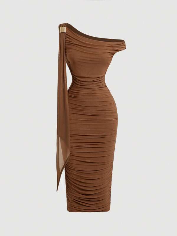 SHEIN MOD Rochie de damă, de lungime medie, cu volană, cu gât asimetric