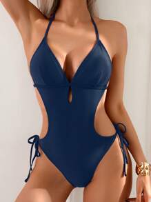 Swim SXY 1 bộ đồ bơi liền thân gợi cảm màu trơn đi biển, phổ biến vào mùa xuân/hè - Màu xanh hải quân - Xem 4