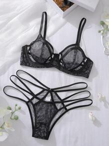 2pcs Sexy Leopard Print Criss-Cross Hollow-Out 3/4 Cup Women Lingerie Set, Black, Music Festival - Black - View 6