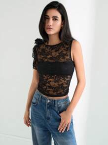 Maija 2025 Spring/Summer New Casual Elegant Fashion Lace Square Neck Women's Tank Top - Black - View 1