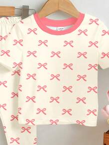 SHEIN Leap Crew 年轻女孩 2 件套休闲可爱蝴蝶结图案短袖 T 恤和紧身裤家居服套装，适合春夏季 - 彩色 - 查看 6