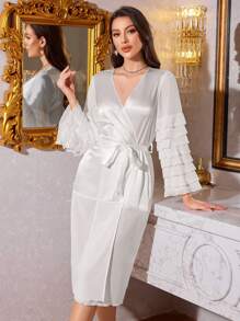 LuxeNights Women's Romantic Satin Ruffle Edge Sleepwear Robe - White - View 1