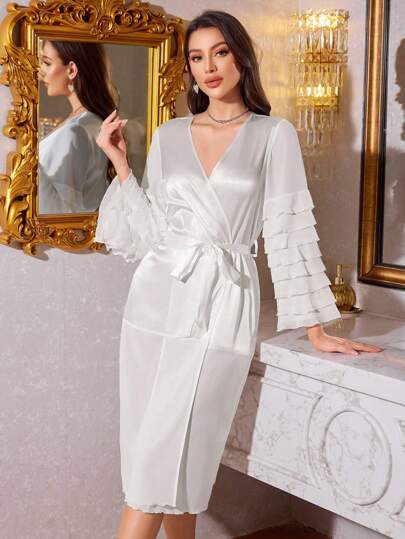 LuxeNights 女士浪漫缎面荷叶边睡袍