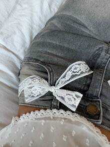 Aloruh Women's Sexy Elegant Low Waist Handmade Lace Bow Decor Slim Fit Flared Leg Jeans - Light Grey - View 5