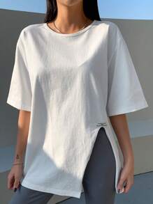 DAZY Solid Split Hem Patched Drop Shoulder Tee - White - View 9