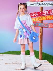 SHEIN X Care Bears Tween 女童卡通彩色熊印花白色休闲可爱百搭短袖 T 恤 - 白色 - 查看 5