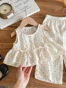 SHEIN LMoss Kids Babygirl Casual Cute Summer Polka Dot Sleeveless Top And Elastic Waist Pants Set