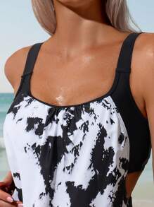 Swim Lushoire 2 件渐变黑白印花可调节肩带度假海滩短款上衣和分体泳衣套装，春夏季流行款 - 彩色 - 查看 4