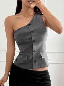 SHEIN EZwear Old Money Elegant Blouses For Women Grey Woven One Shoulder Women's Suit Vest - Grey - View 2