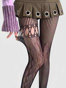 ROMWE Grunge Punk Bas résille sexy ajourés style années 2000, collants noirs patchwork à la mode, leggings polyvalents