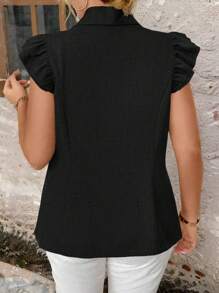 Calvaya Traje de negocios de alta gama para mujer de talla grande, con textura gris, solapa, botones frontales y mangas con doble volante. Resalta la cintura y estiliza la figura. Adecuado para oficina, fiesta y uso diario. - Negro - Ver 2