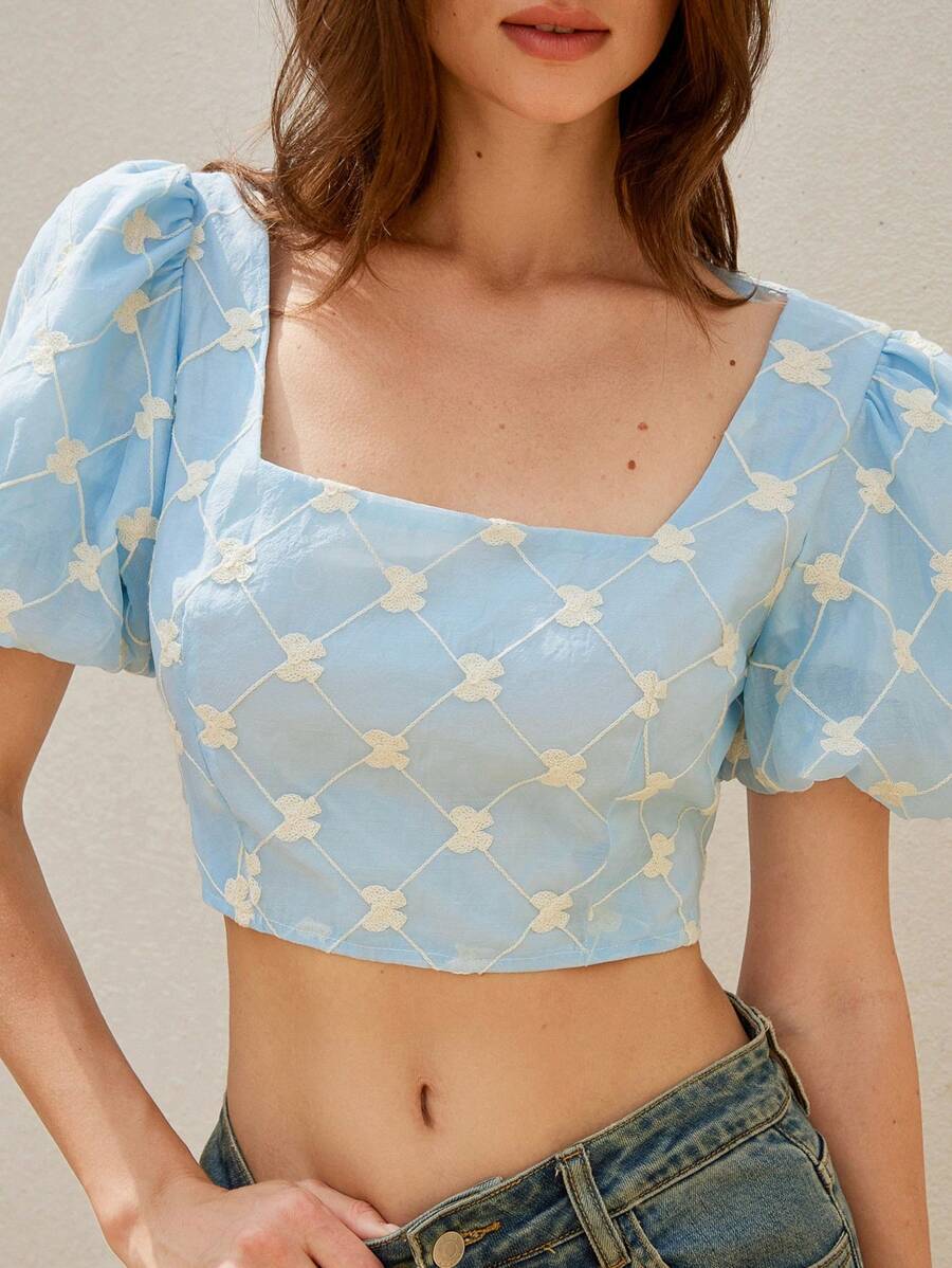 Aveloria 女装2025春夏新款欧美时尚女孩减龄百搭可爱泡泡袖宽领收腰修身短款上衣撞色蝴蝶结刺绣细节 - 藍色 - 查看 1