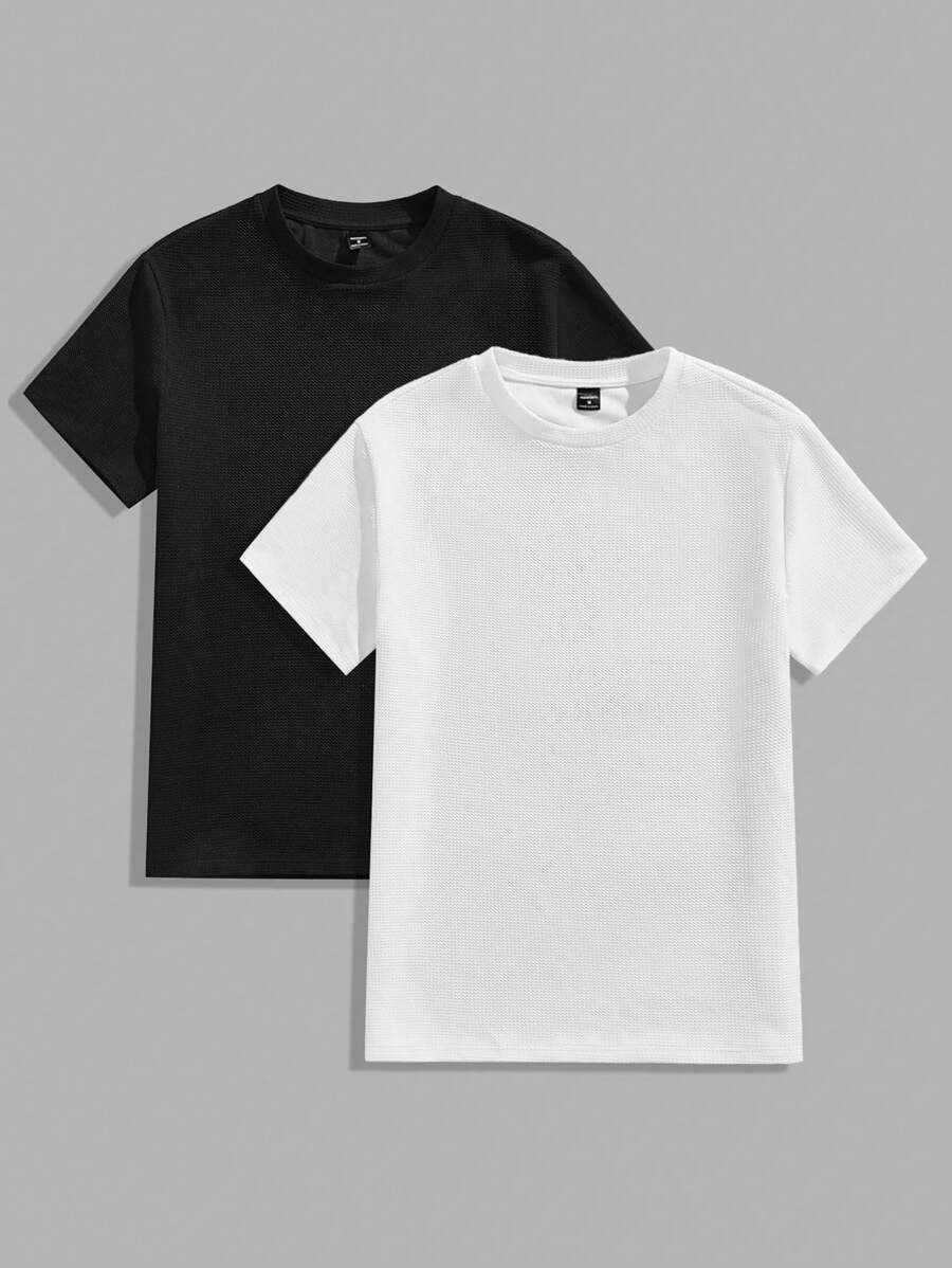 Manfinity VCAY 2 件装男士休闲提花罗纹纯色修身短袖 T 恤 - 彩色 - 查看 1