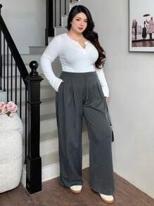 Dazy Plus Trekkoord Taille Losse Gestreepte Casual Lange Broek, Alle Seizoenen