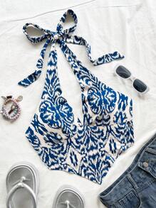 Soleia Women's Summer Boho Beach Vacation Holiday Pastel Blue Floral Printed Backless Tie-Front V-Neck Crop Tank Tops, Ruffled Party Rave Tops - Multicolor - View 5
