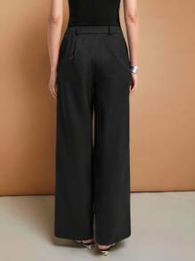 Ontre Pantalon ample décontracté de couleur unie pour femmes, design minimaliste, convient pour les déplacements urbains - Noir - Voir 2