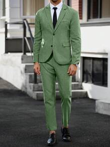 Calvornis 男士纯色长袖西装外套和裤子套装男士正装西服男士正装西装男士正装西服 - 綠色 - 查看 5