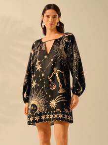 CAJUNI 女士波西米亚风太阳、月亮、星星、全身印花镂空灯笼袖迷你连衣裙，度假休闲 - 黑色 - 查看 7