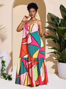 Slaydiva Plus Size Women Sleeveless Loose Dress With Bright Geometric Abstract Print,Beach Dress Sundress,Holiday Outfits Boho - Multicolor - View 1