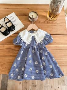SHEIN LMoss Kids Gaun Berkerah Motif Bunga Kotak-kotak Lucu untuk Bayi Perempuan, Musim Panas - Biru - View 7