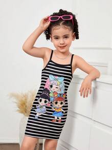 Young Girl Striped Knit Cute Girl Print Camisole Dress