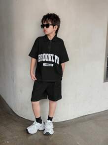 Tween Boy Casual Loose Korean Style Solid Color Letter Print Short Sleeve Polo Shirt With Drawstring Waist Shorts Set, Suitable For Spring/Summer Daily Wear, School, Travel And Sports