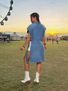 SHEIN PETITE Damen Lässig Jeansbluse, modisch für Sommer Camping, Country Konzert, Cowgirl, Rave, Streetwear für Frauen, Ausgehen Streetwear für Frauen, Petite Frauen - Mittele Waschung - Übersicht 2