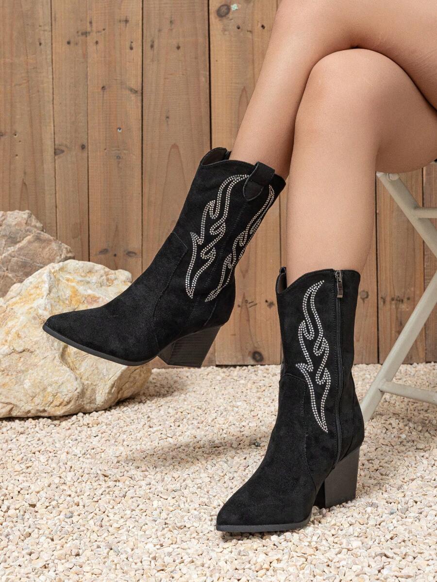 Styleloop 女士尖头粗跟中筒靴，侧拉链绒面水钻牛仔马靴，亮棕色，秋冬款 - 黑色 - 查看 1