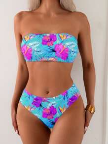 Swim Lushoire 2pcs/Set Bikini Bandeau Motif Bunga untuk Wanita, Pakaian Pantai untuk Liburan Musim Panas di Pantai - MultiWarna - View 4