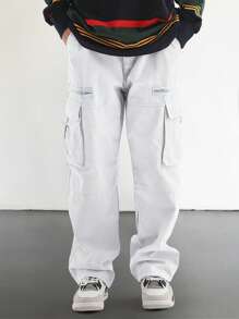 Manfinity Roghcode Men's Loose Fit Flap Pocket Side Cargo White Cargo Pants, Fall - White - View 3