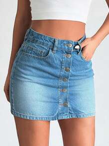 EURMUSE WOMEN LOW WAIST MINI SKIRT BUTTON ON FRONT BLUE WASH - Medium Wash - View 6