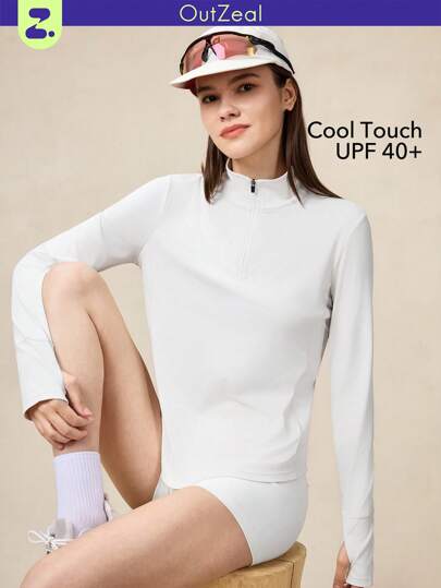 OutZeal 防晒 UPF50+ 凉爽防晒立领半拉链长袖 T 恤女式带后口袋运动衫