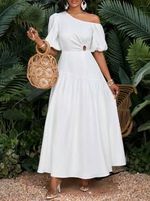 SHEIN Lady 大码女式长款纯色连衣裙 不对称肩部简约时尚夏季女装 夏季女装 女士夏装 女士太阳裙 女士服装 女士连衣裙 女士沙滩装 大码连衣裙