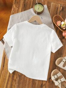 Top de manga corta y cuello redondo ajustado de tejido jacquard con decoración de lazo colorido, apropiado para primavera/verano, salidas de primavera, y vuelta al colegio, para niñas preadolescentes - Blanco - Ver 10