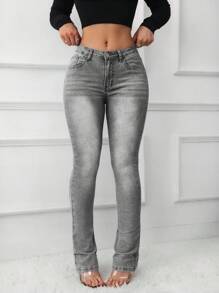 SHEIN Tall Women's Skinny Low-Waist Stretchy Flared Denim Jeans, Blue - Grey - View 4