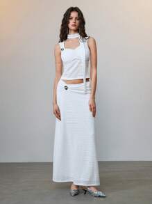 SHEIN LUNE Women's White Polyamide Two-Piece Maxi Outfit: Sweetheart Neckline Ruched Semi-Sheer Top And Matching Skirt Set, Casual Summer Style - White - View 6